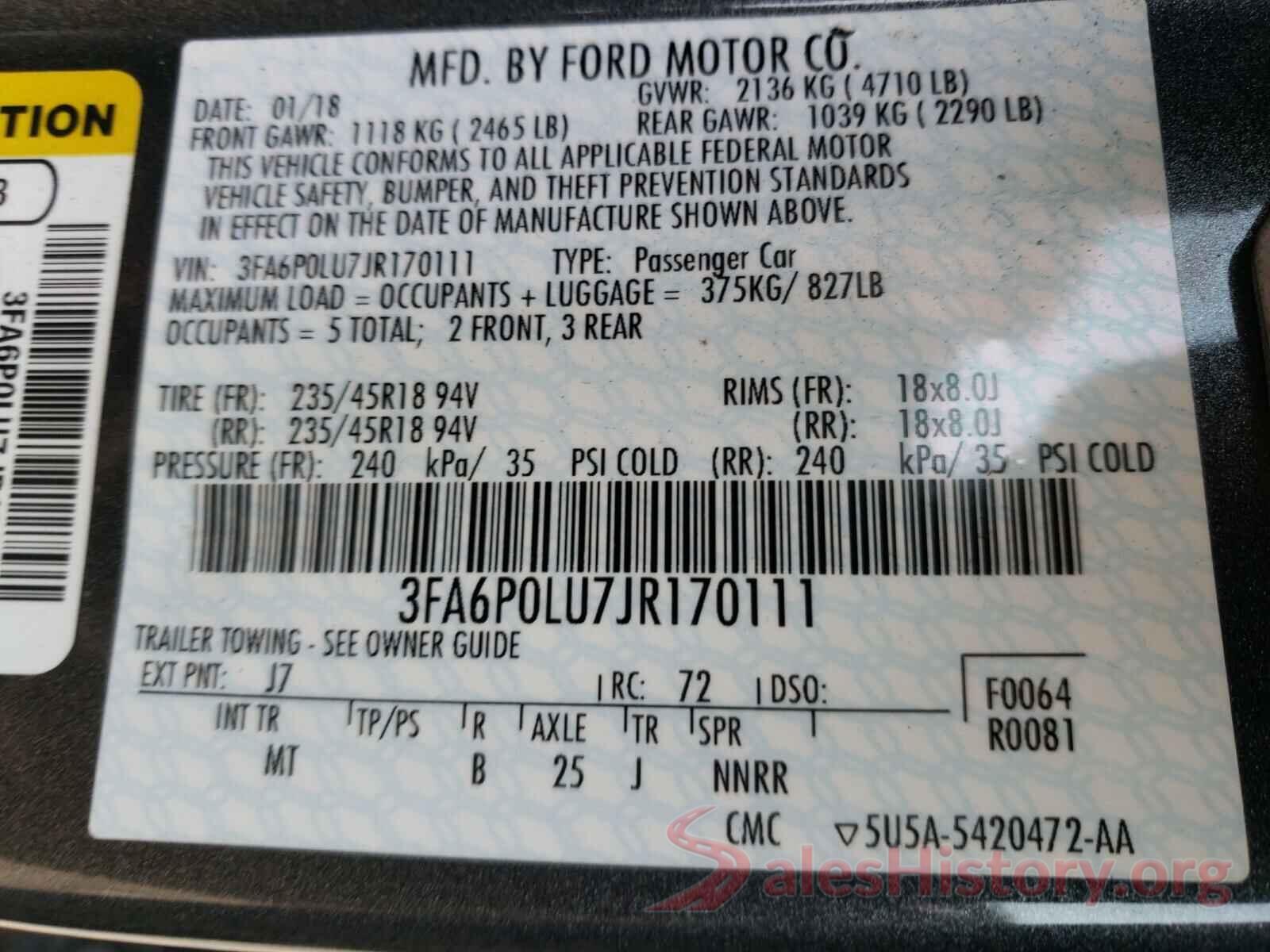 3FA6P0LU7JR170111 2018 FORD FUSION