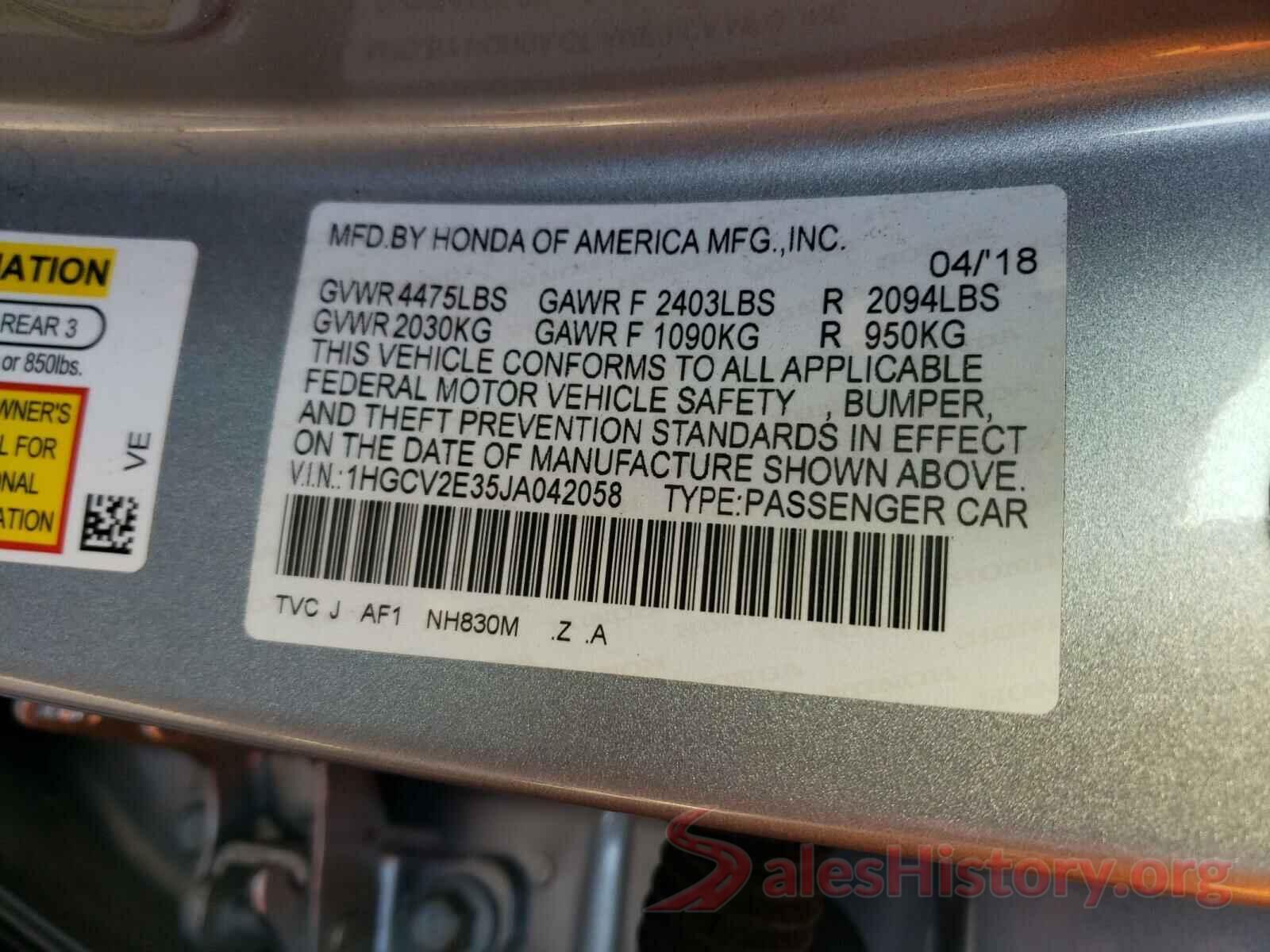 1HGCV2E35JA042058 2018 HONDA ACCORD