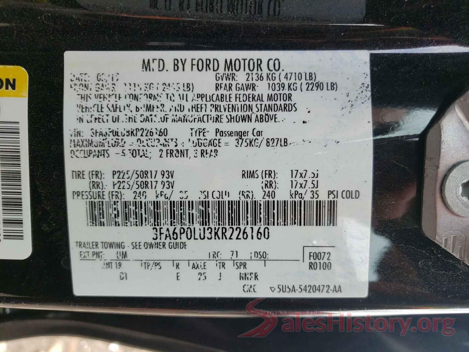 3FA6P0LU3KR226160 2019 FORD FUSION