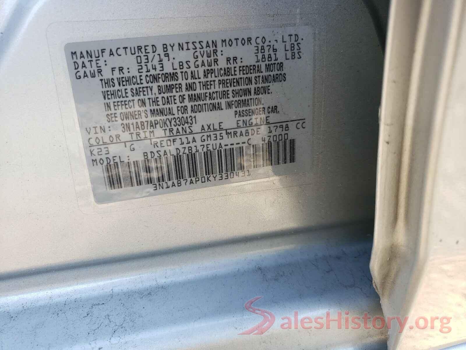 3N1AB7AP0KY330431 2019 NISSAN SENTRA