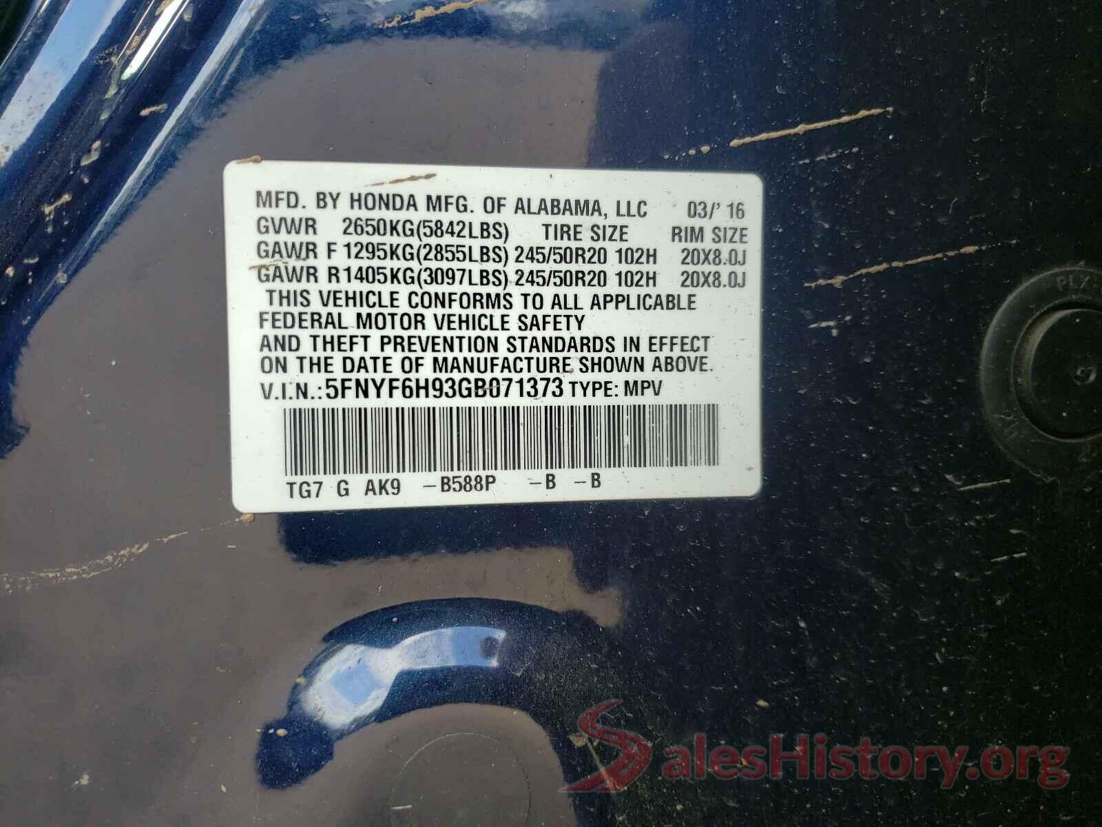 5FNYF6H93GB071373 2016 HONDA PILOT