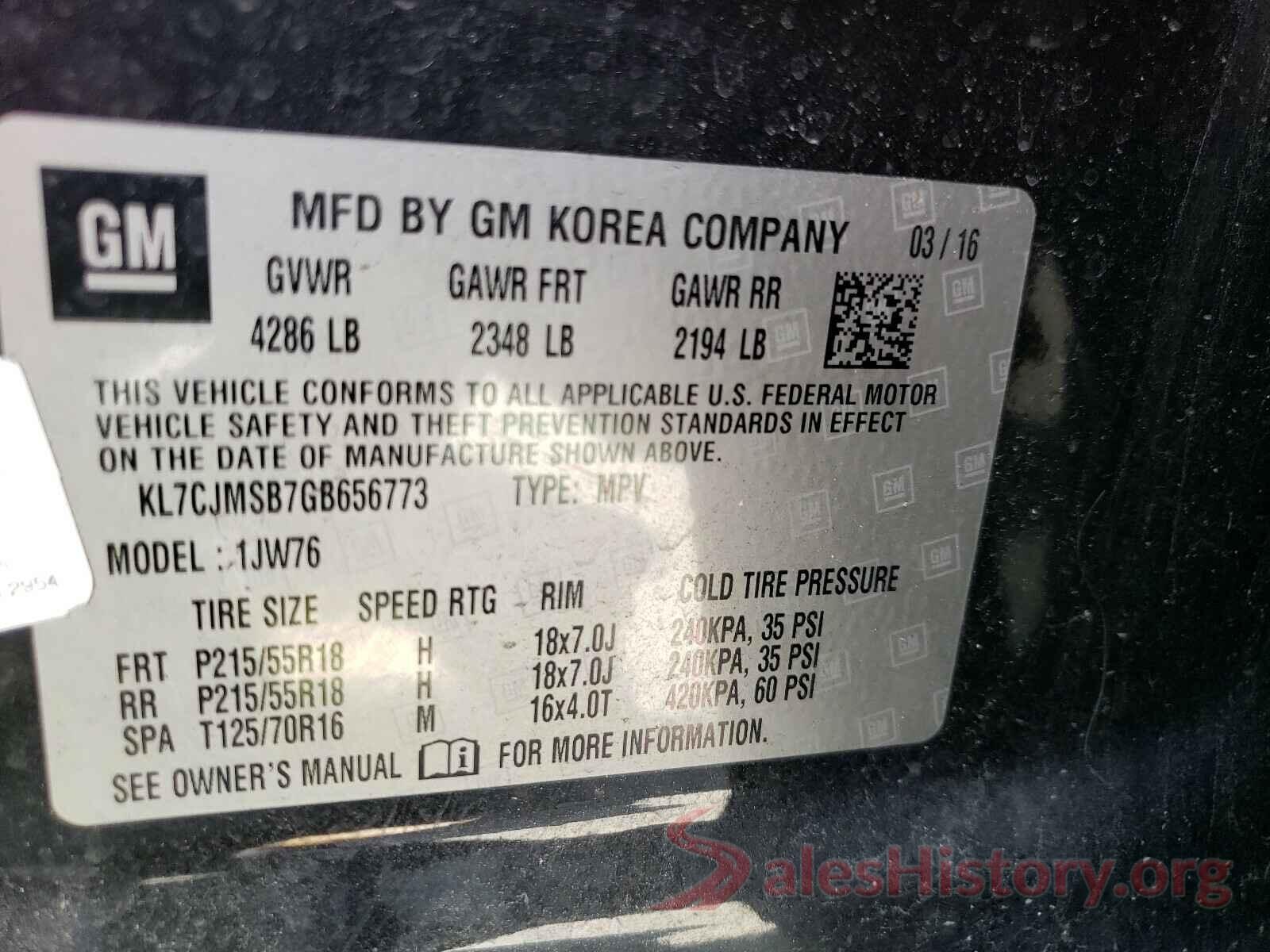 KL7CJMSB7GB656773 2016 CHEVROLET TRAX