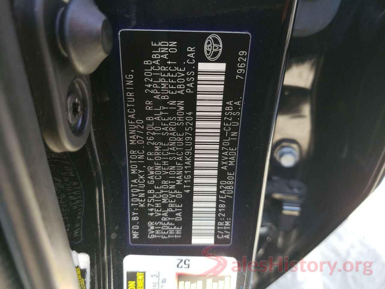 4T1G11AK9LU975204 2020 TOYOTA CAMRY