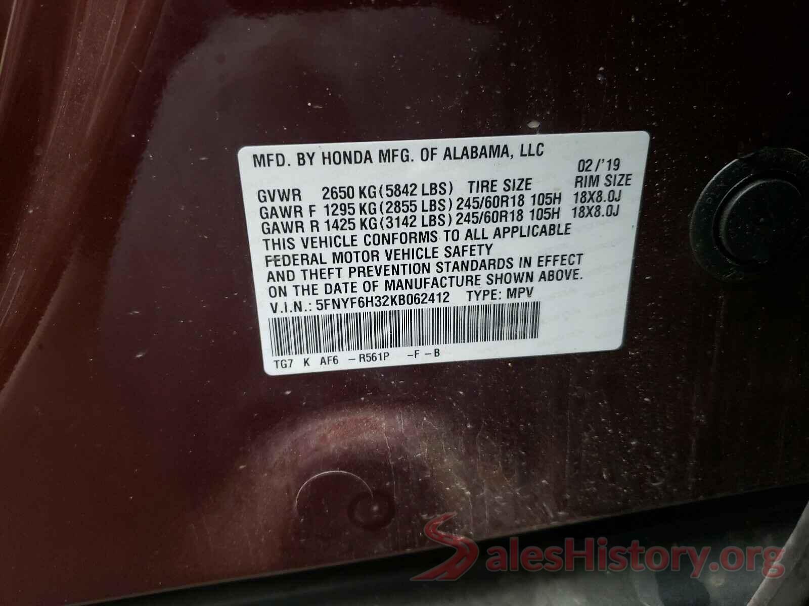 5FNYF6H32KB062412 2019 HONDA PILOT