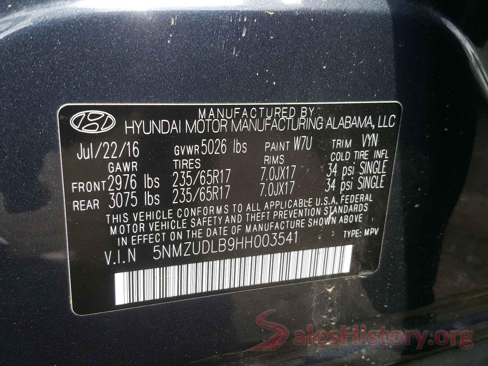 5NMZUDLB9HH003541 2017 HYUNDAI SANTA FE