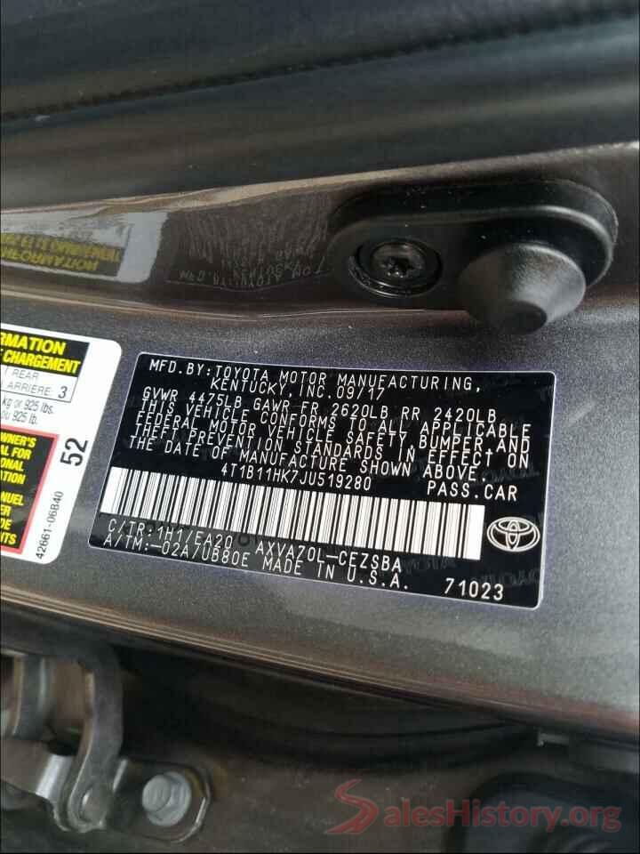 4T1B11HK7JU519280 2018 TOYOTA CAMRY