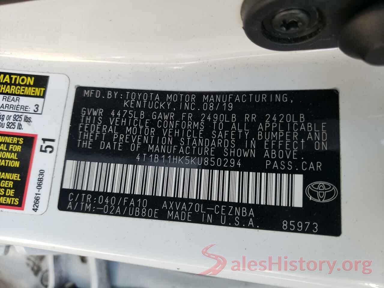 4T1B11HK5KU850294 2019 TOYOTA CAMRY