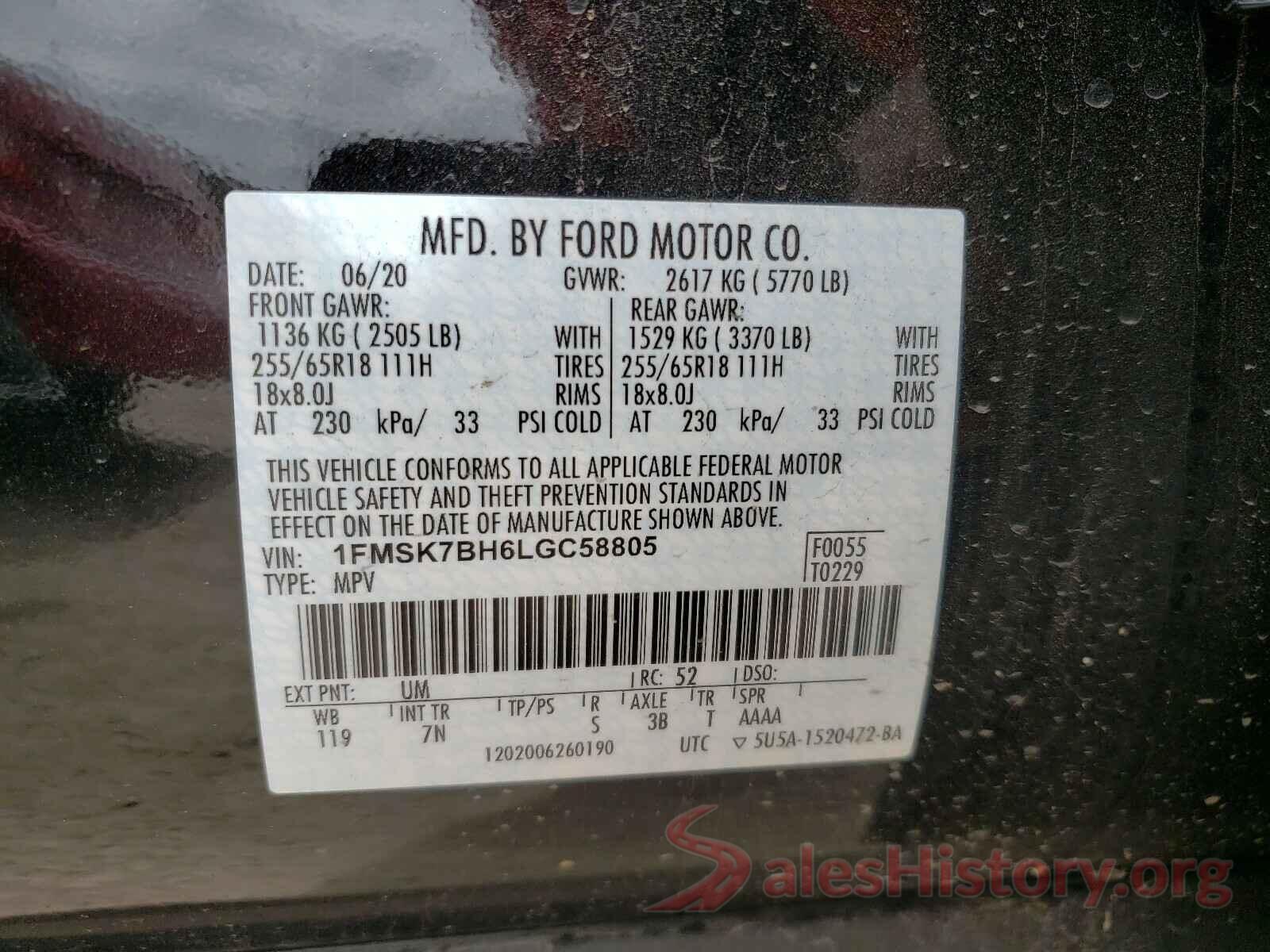 1FMSK7BH6LGC58805 2020 FORD EXPLORER