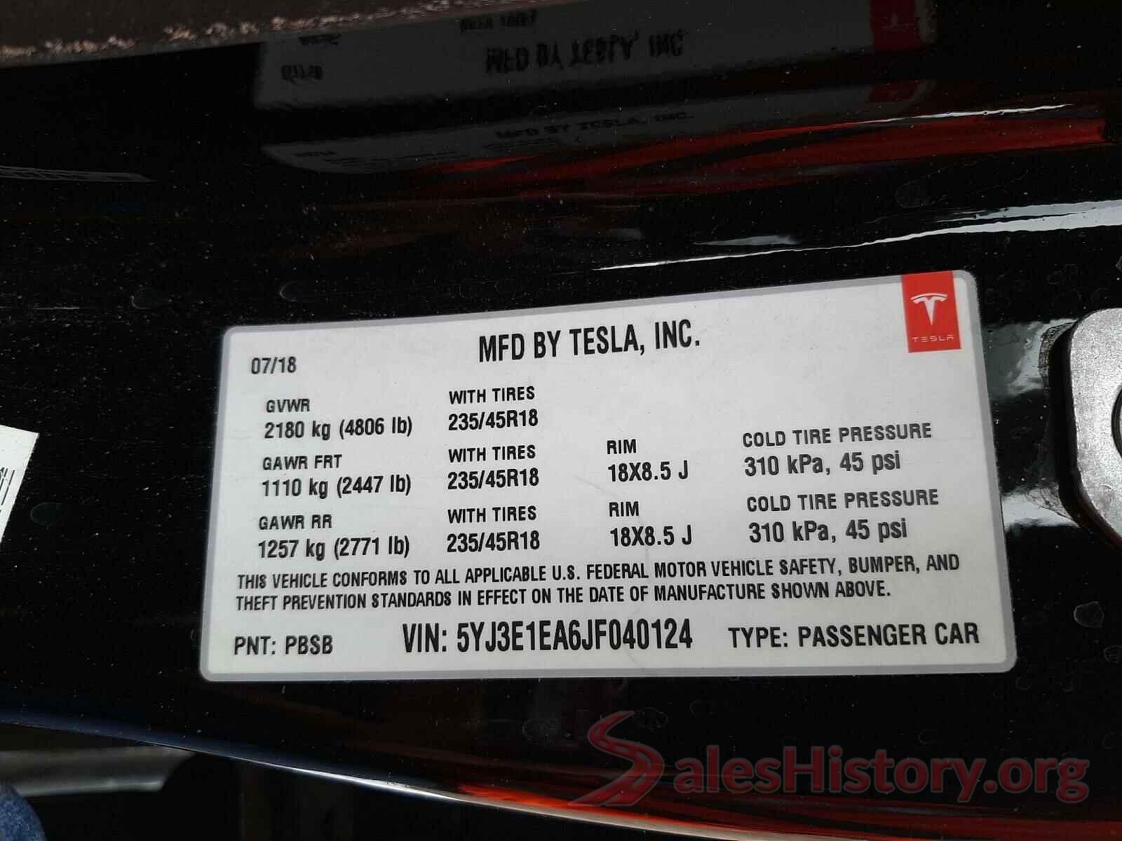 5YJ3E1EA6JF040124 2018 TESLA MODEL 3