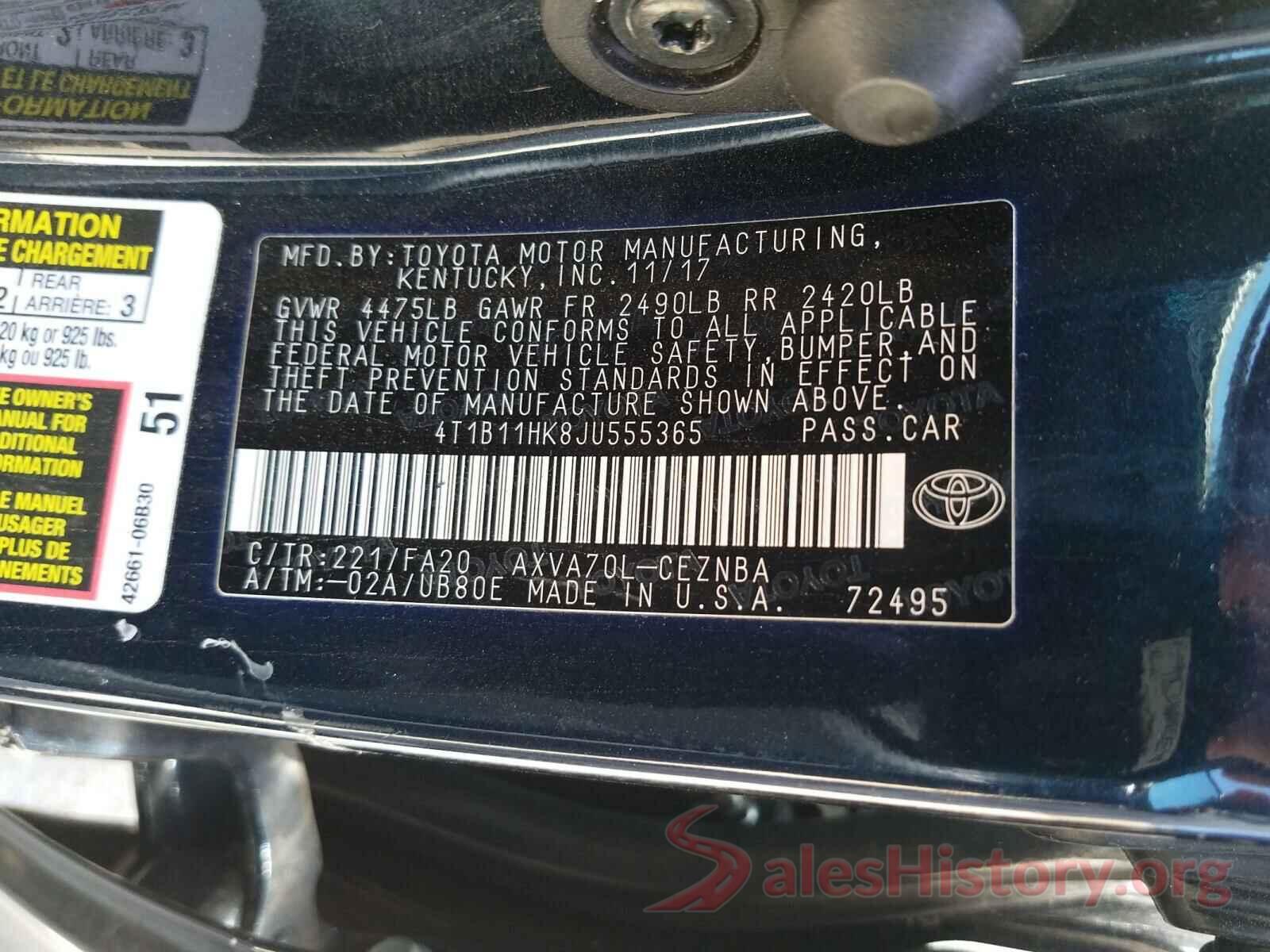 4T1B11HK8JU555365 2018 TOYOTA CAMRY