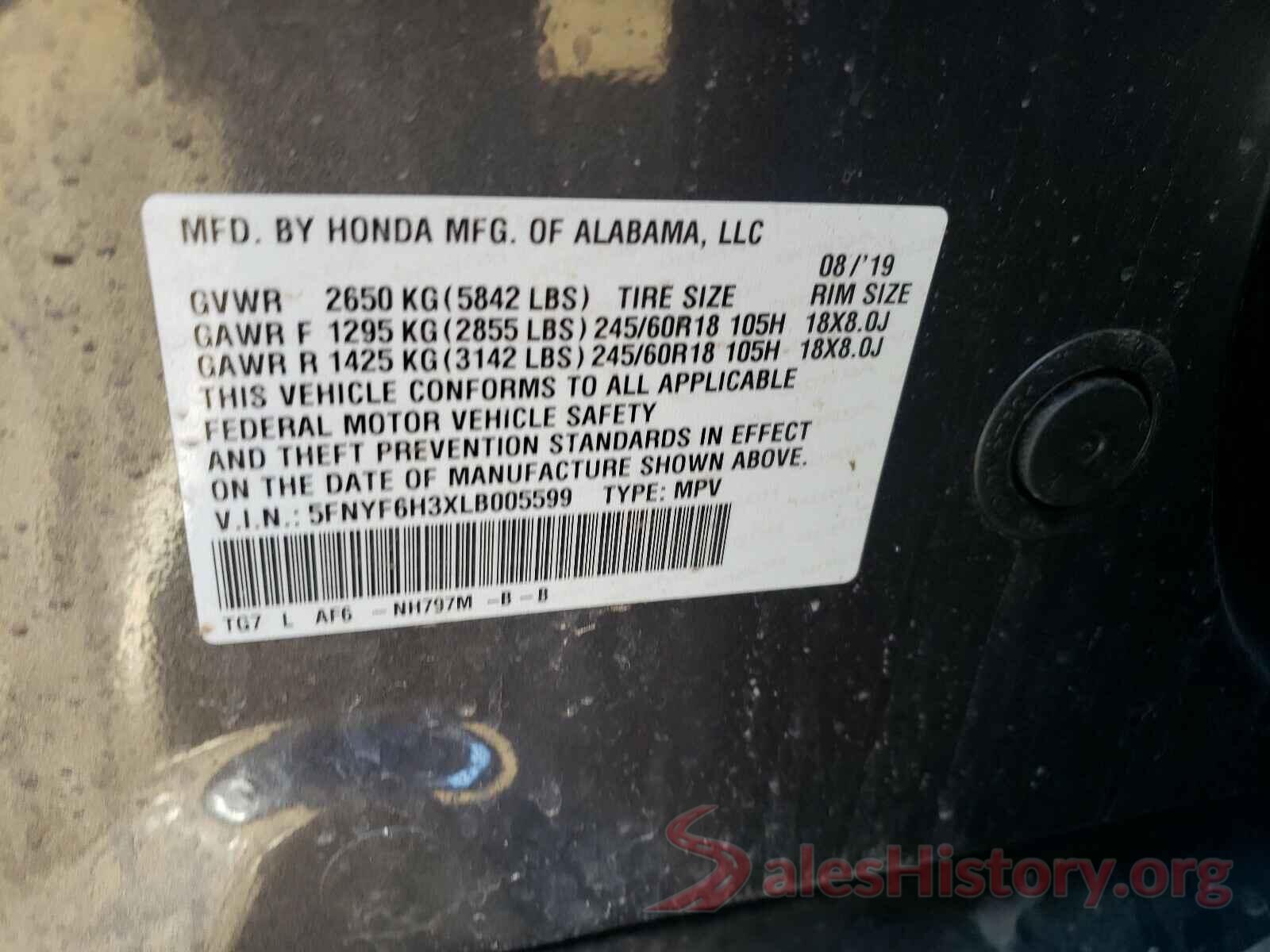 5FNYF6H3XLB005599 2020 HONDA PILOT