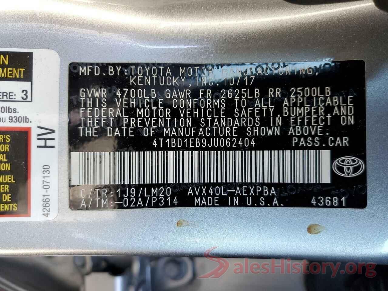 4T1BD1EB9JU062404 2018 TOYOTA AVALON