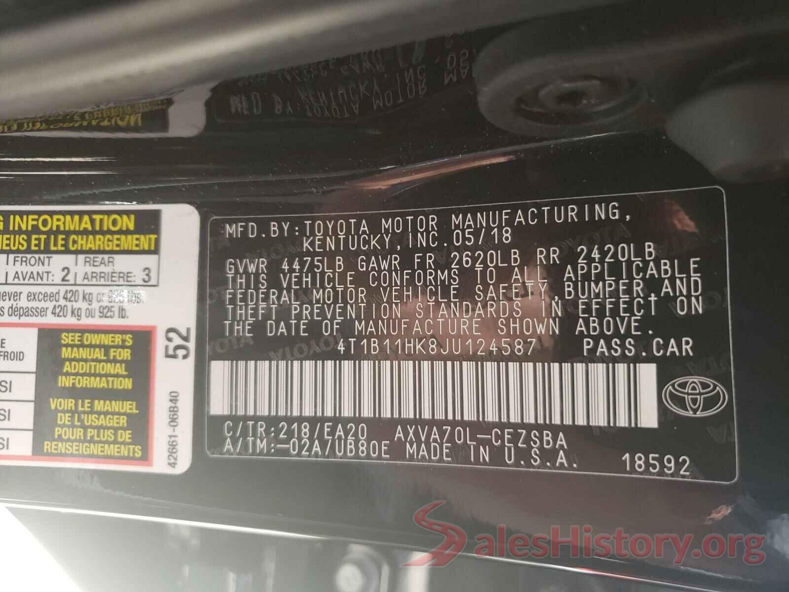 4T1B11HK8JU124587 2018 TOYOTA CAMRY