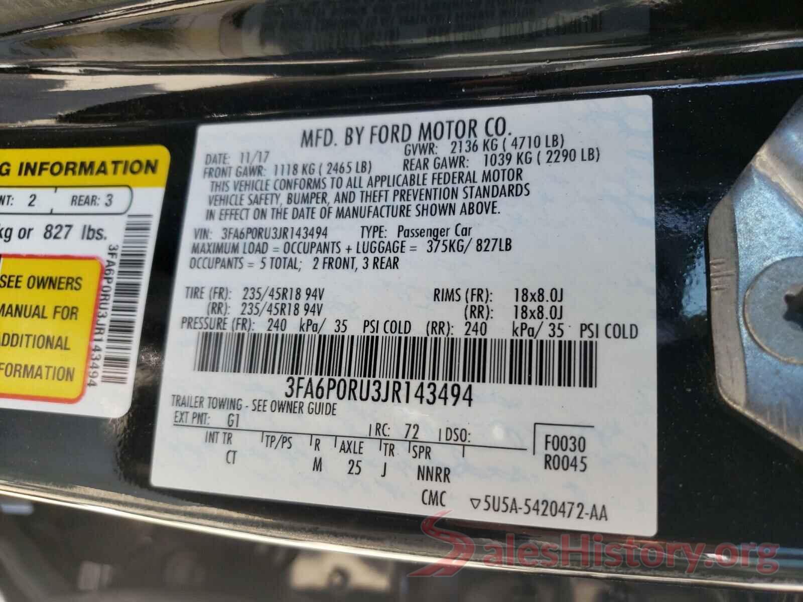 3FA6P0RU3JR143494 2018 FORD FUSION