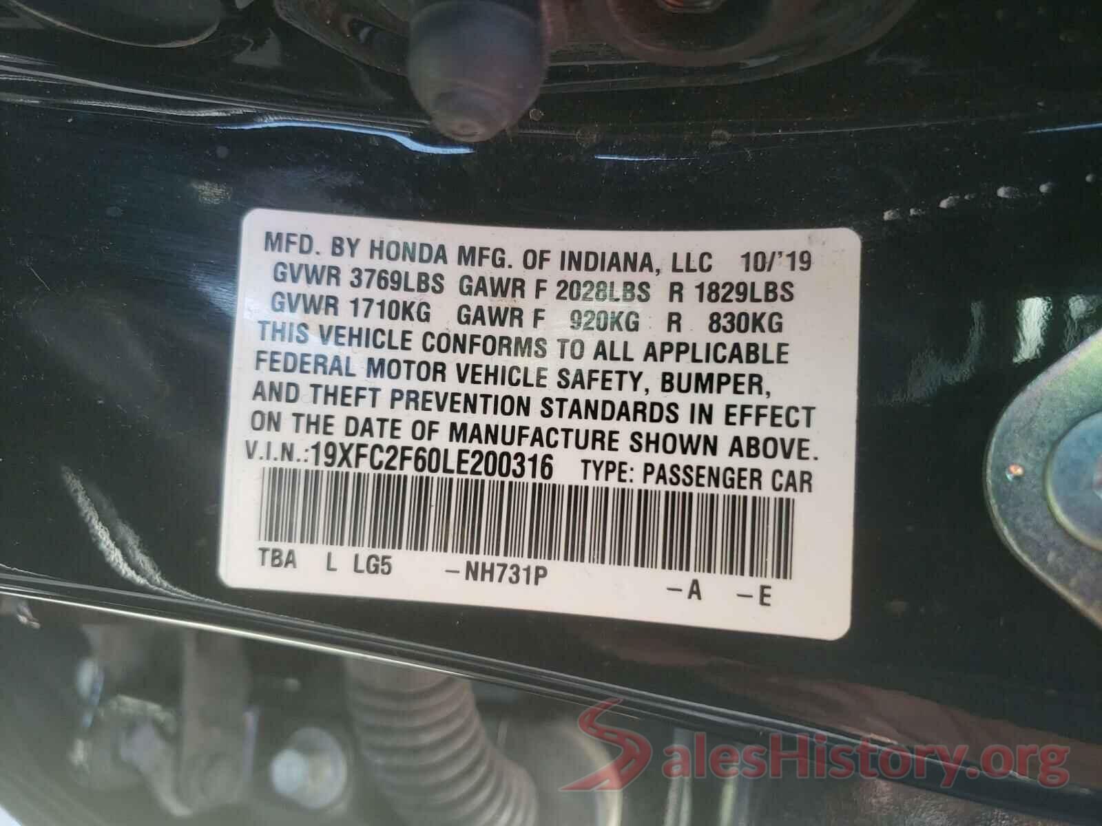 19XFC2F60LE200316 2020 HONDA CIVIC