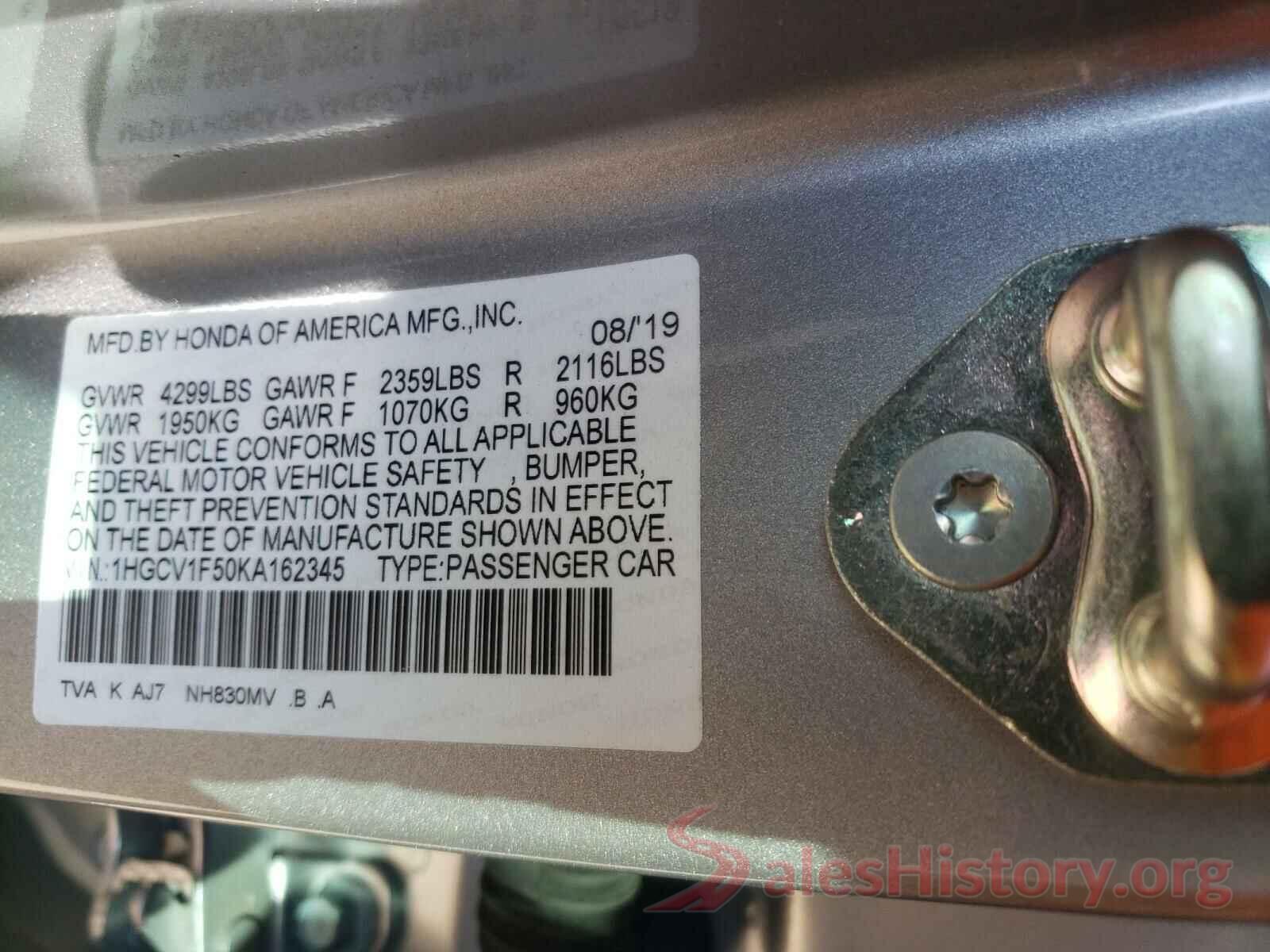 1HGCV1F50KA162345 2019 HONDA ACCORD