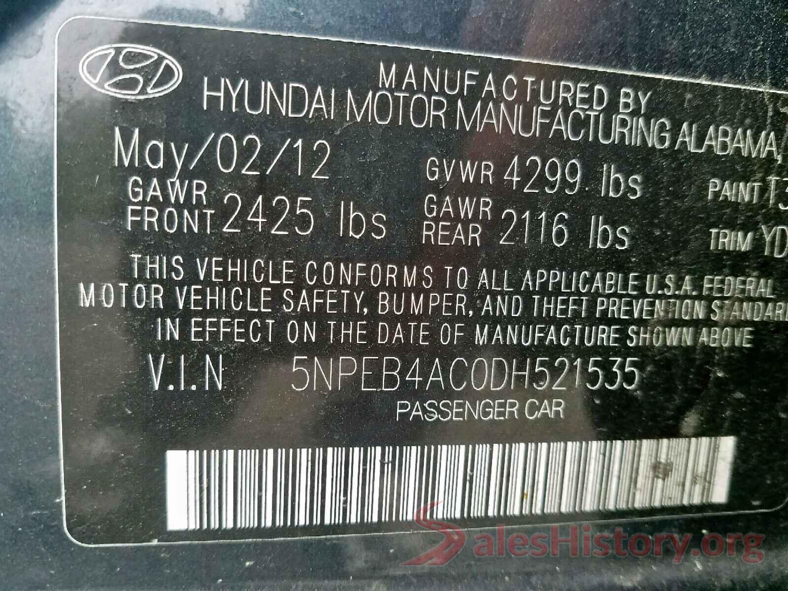 5NPEB4AC0DH521535 2013 HYUNDAI SONATA