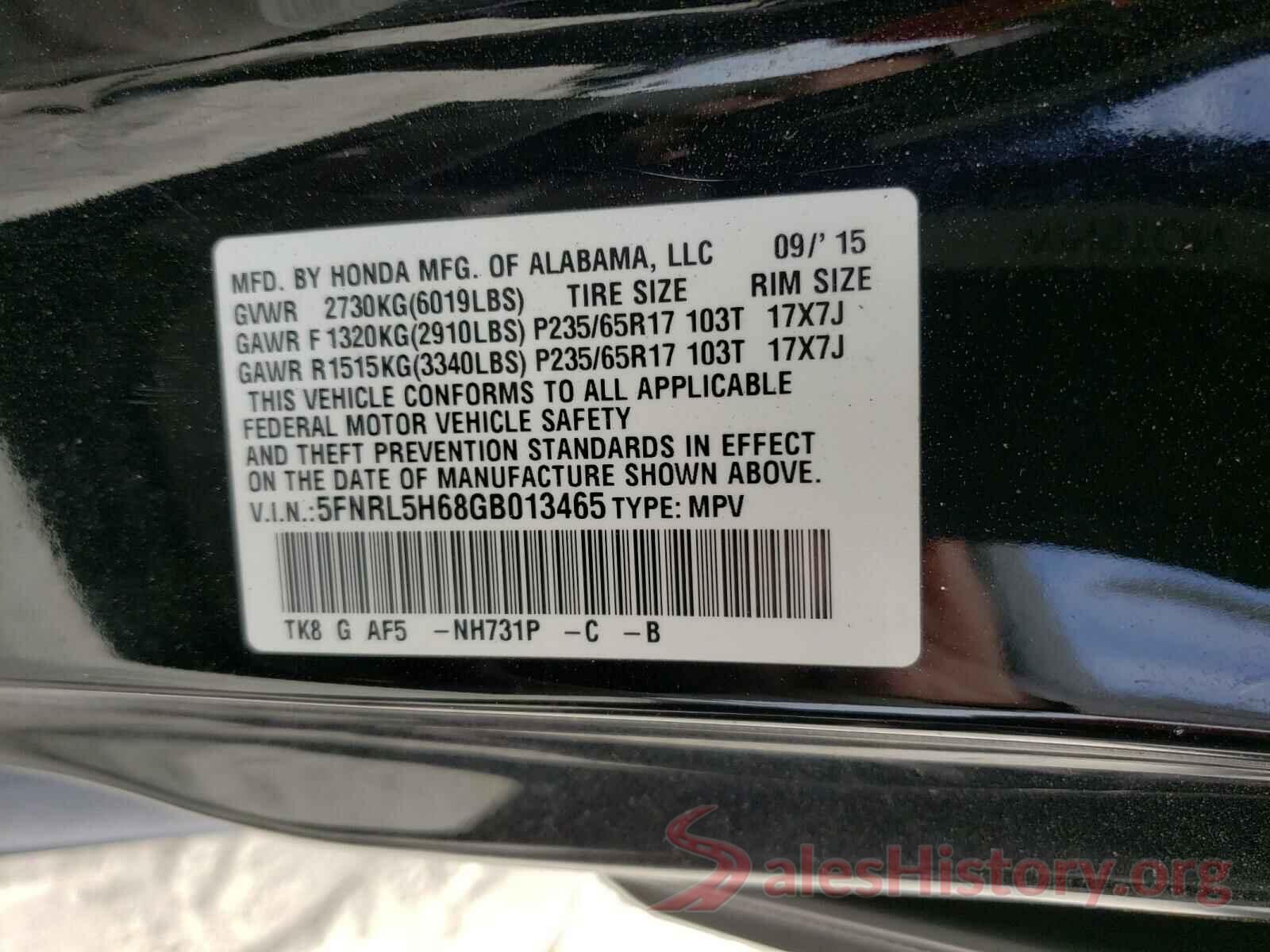 5FNRL5H68GB013465 2016 HONDA ODYSSEY