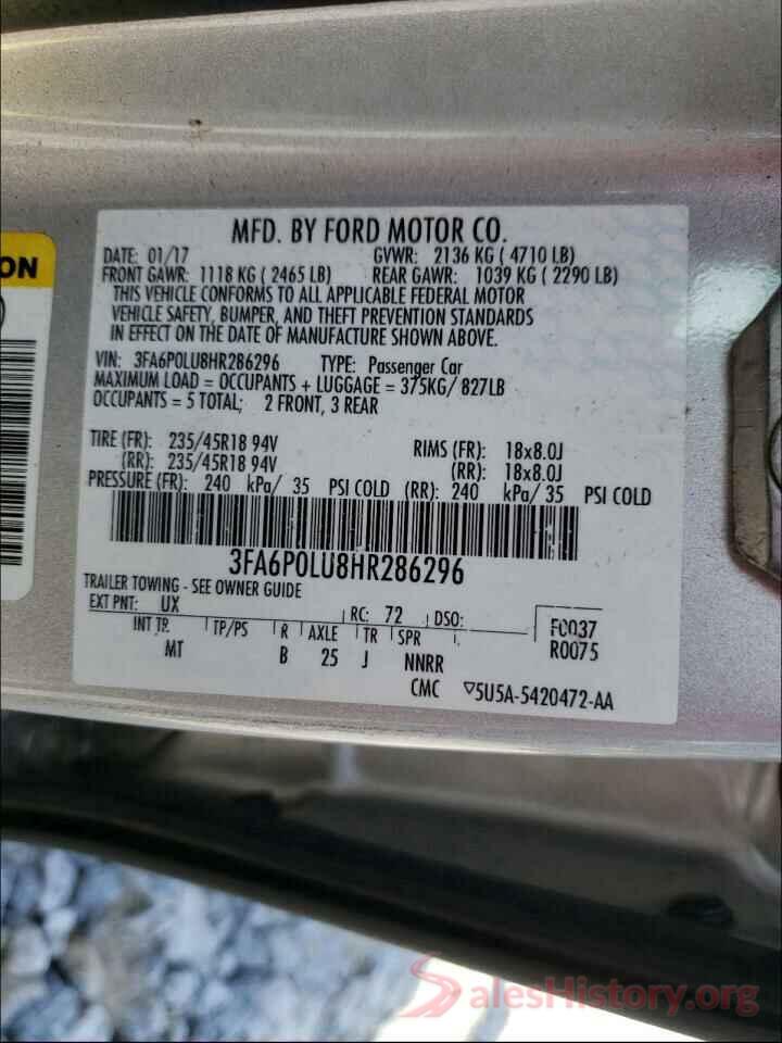 3FA6P0LU8HR286296 2017 FORD FUSION