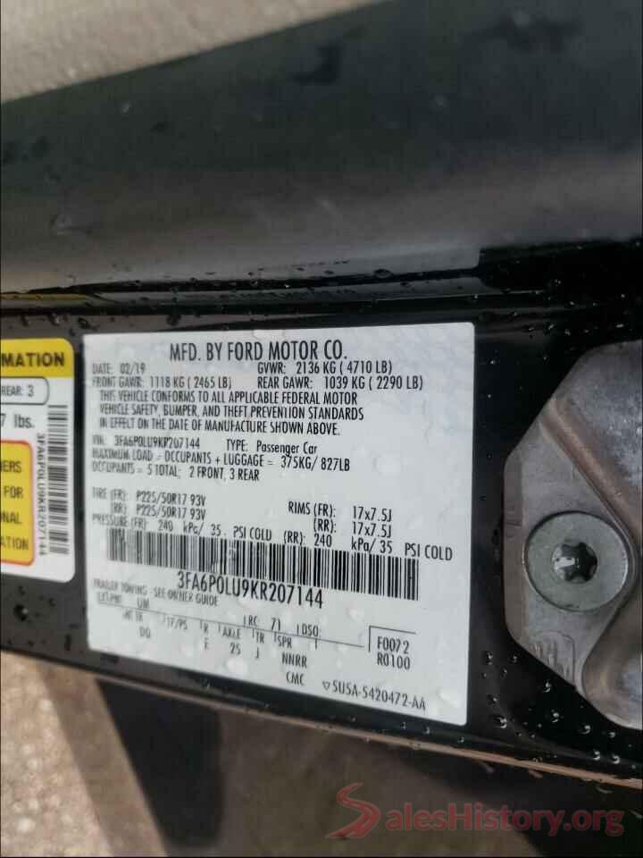 3FA6P0LU9KR207144 2019 FORD FUSION