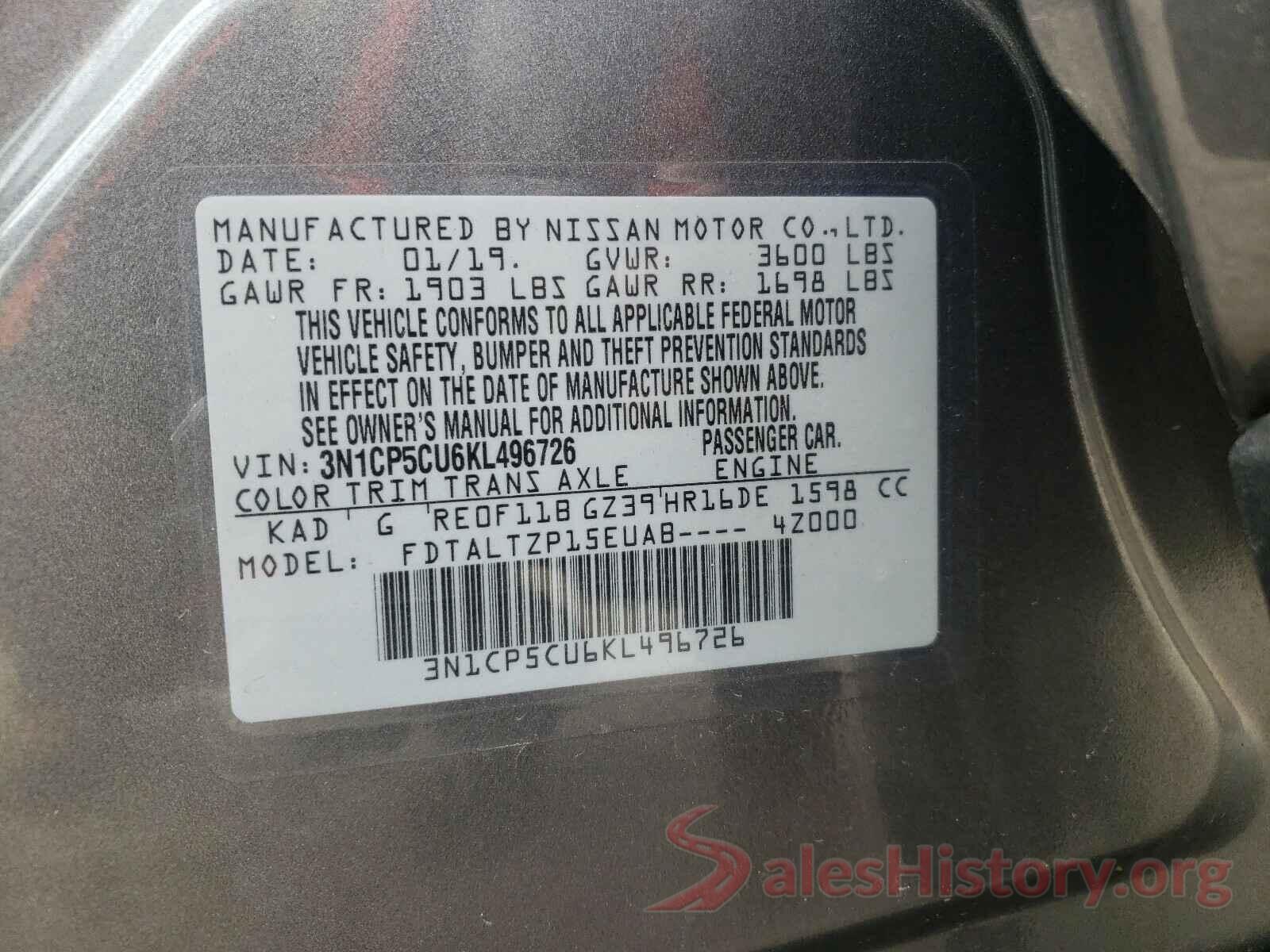 3N1CP5CU6KL496726 2019 NISSAN KICKS