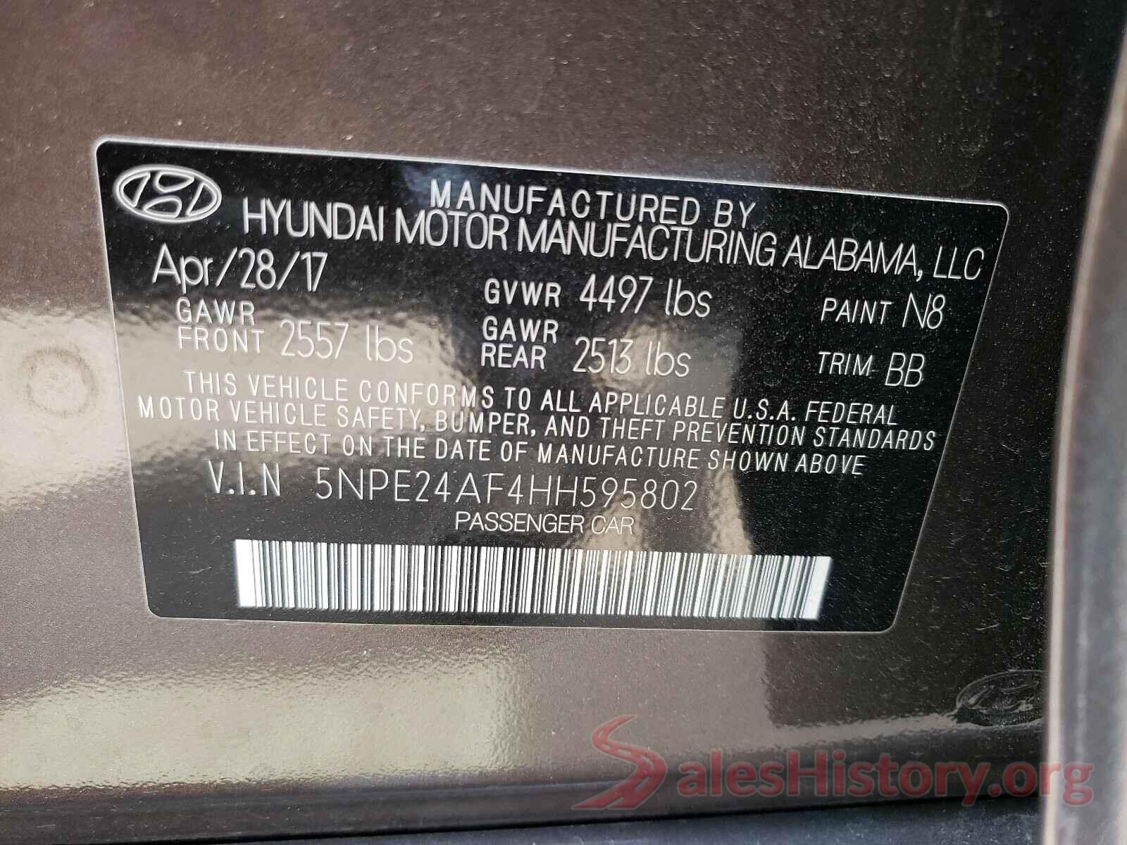 5NPE24AF4HH595802 2017 HYUNDAI SONATA