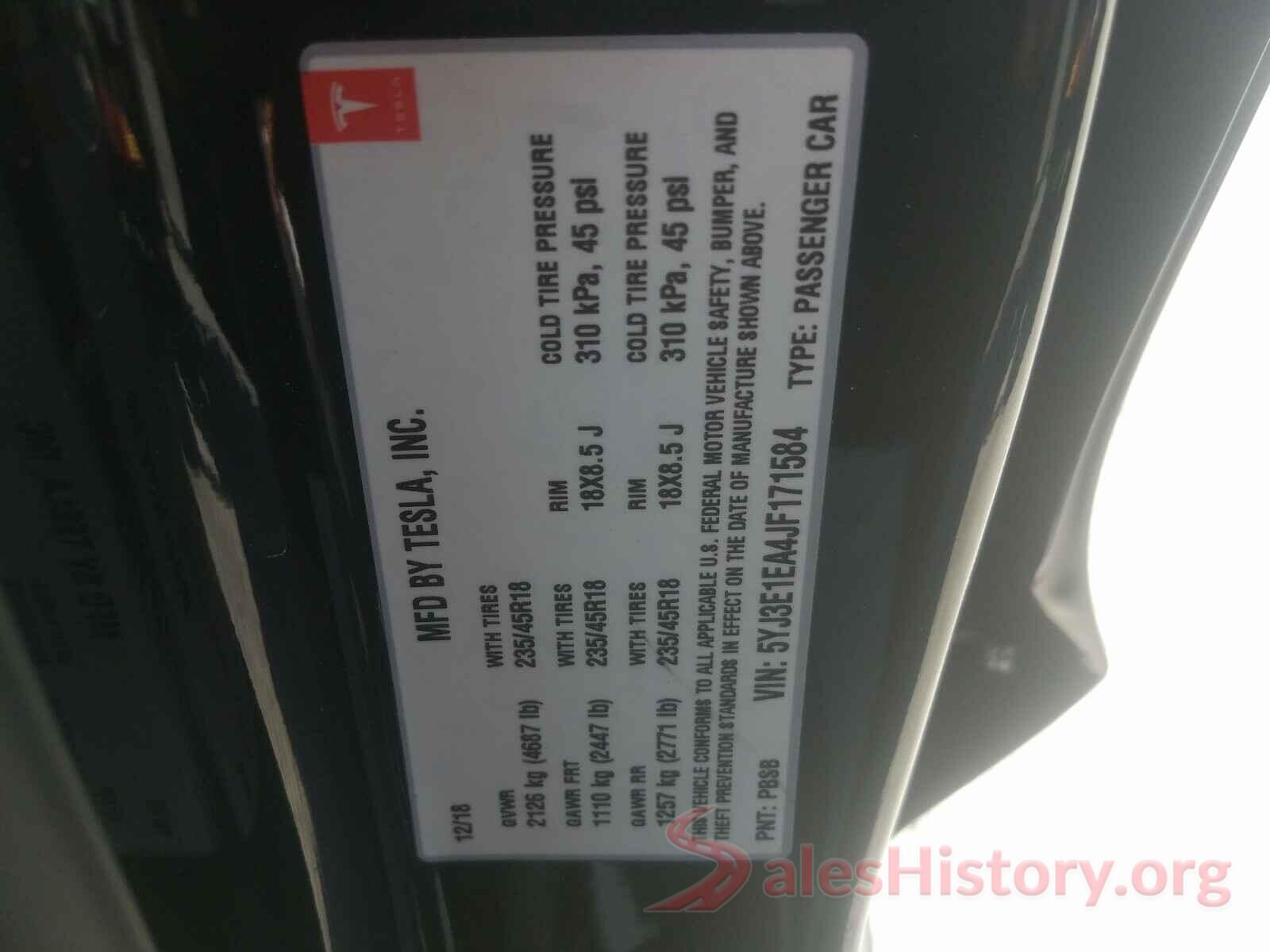 5YJ3E1EA4JF171584 2018 TESLA MODEL 3