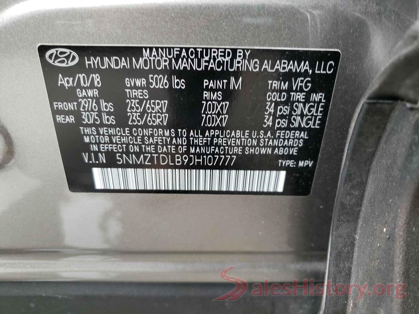 5NMZTDLB9JH107777 2018 HYUNDAI SANTA FE