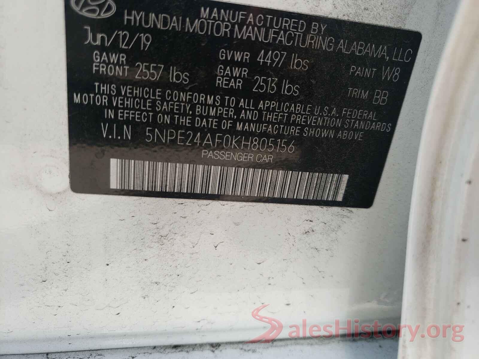 5NPE24AF0KH805156 2019 HYUNDAI SONATA