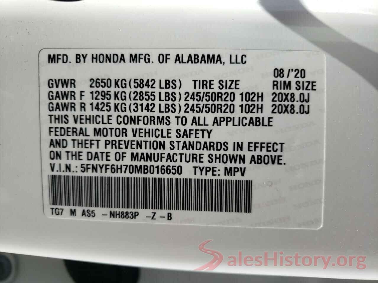 5FNYF6H70MB016650 2021 HONDA PILOT