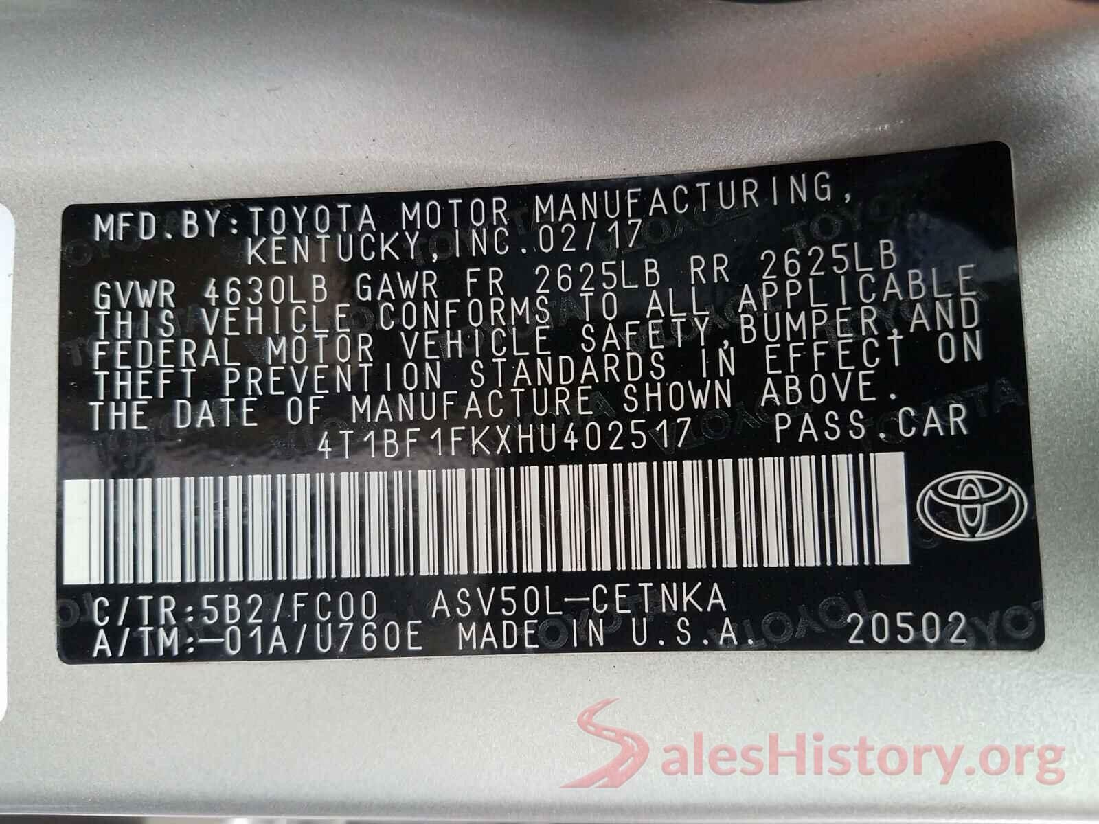 4T1BF1FKXHU402517 2017 TOYOTA CAMRY