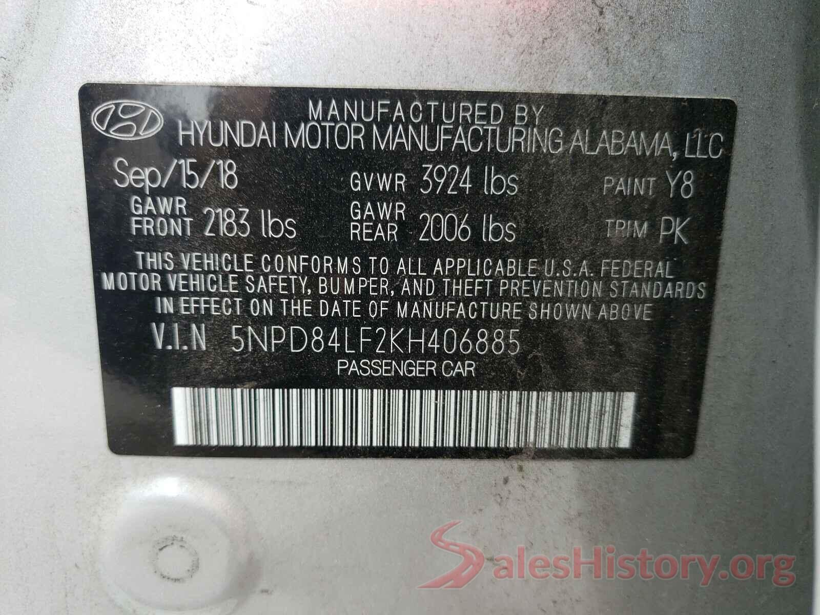 5NPD84LF2KH406885 2019 HYUNDAI ELANTRA