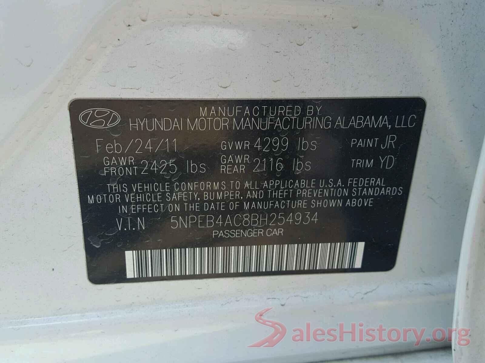 5NPEB4AC8BH254934 2011 HYUNDAI SONATA