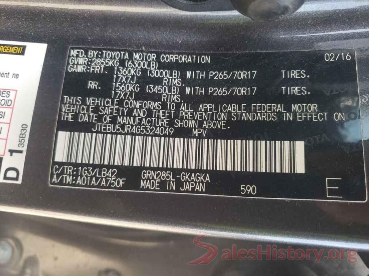 JTEBU5JR4G5324049 2016 TOYOTA 4RUNNER