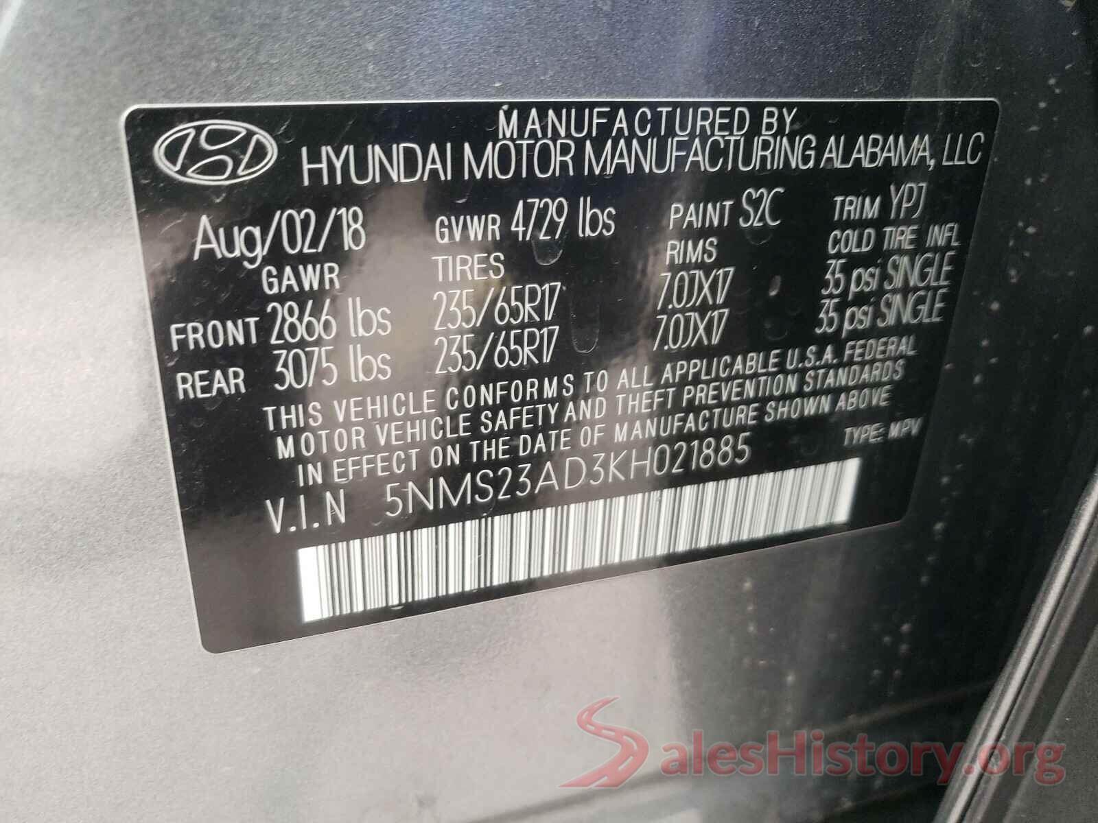 5NMS23AD3KH021885 2019 HYUNDAI SANTA FE