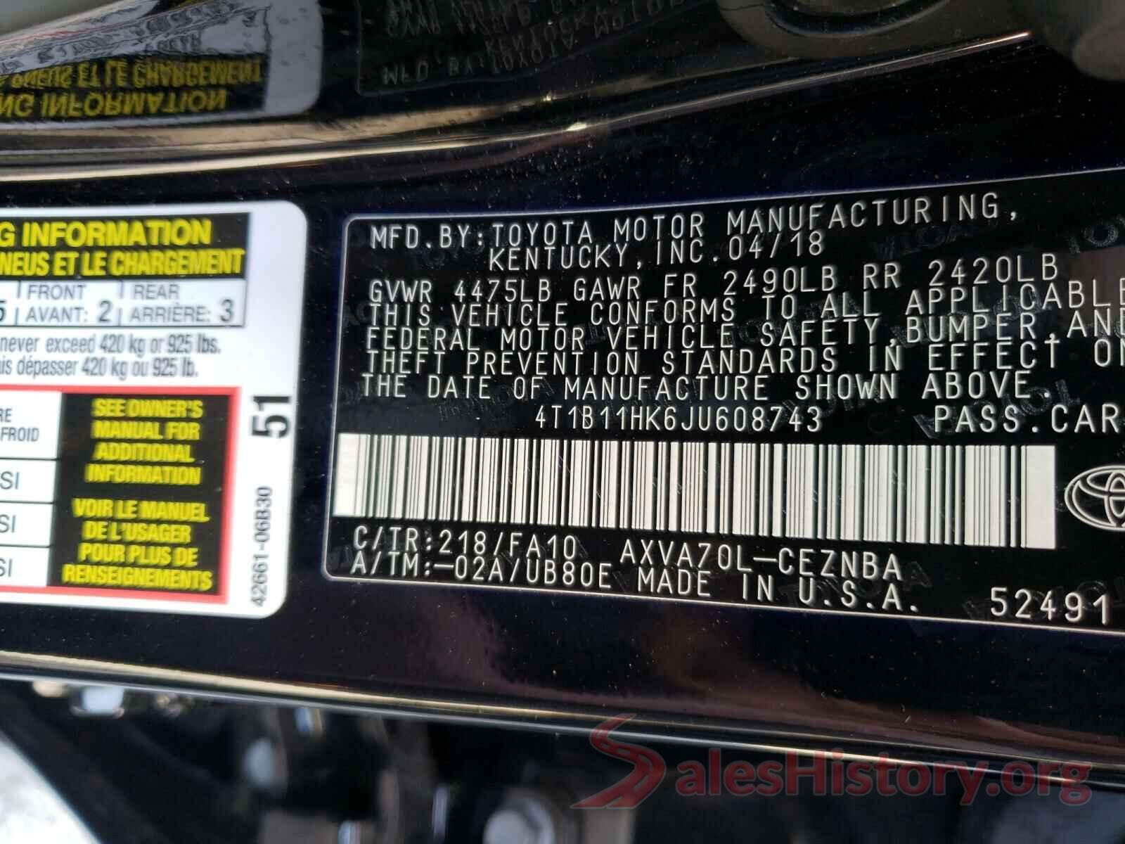 4T1B11HK6JU608743 2018 TOYOTA CAMRY