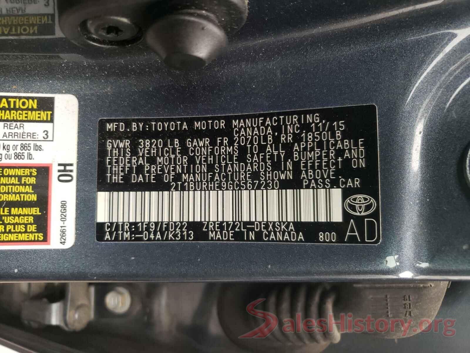 2T1BURHE9GC567230 2016 TOYOTA COROLLA