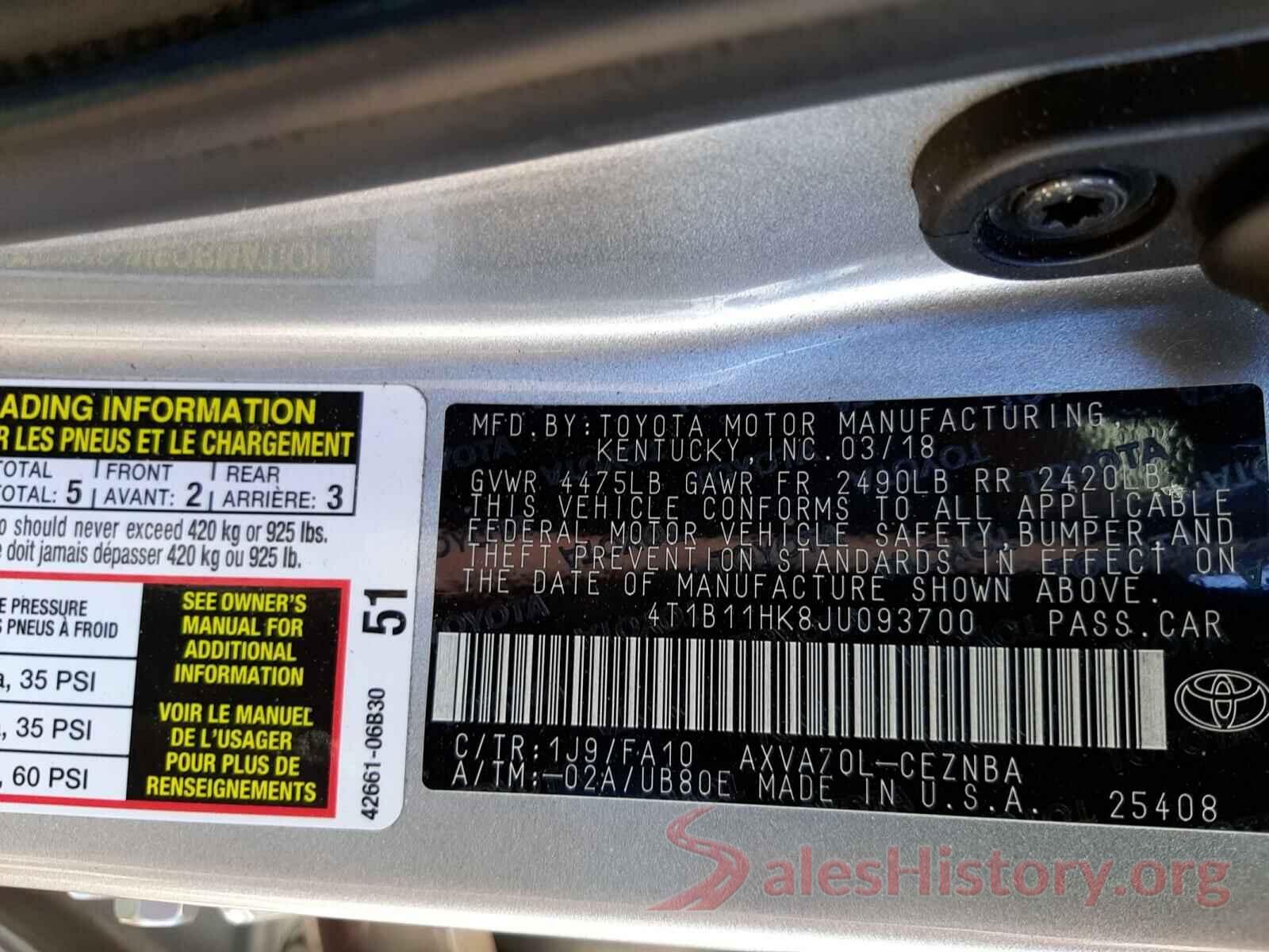 4T1B11HK8JU093700 2018 TOYOTA CAMRY