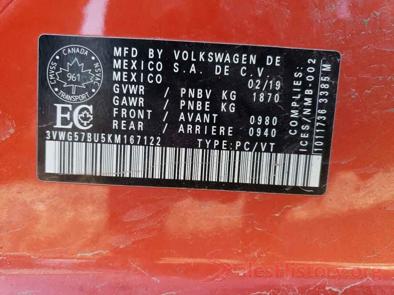 3VWG57BU5KM167122 2019 VOLKSWAGEN JETTA