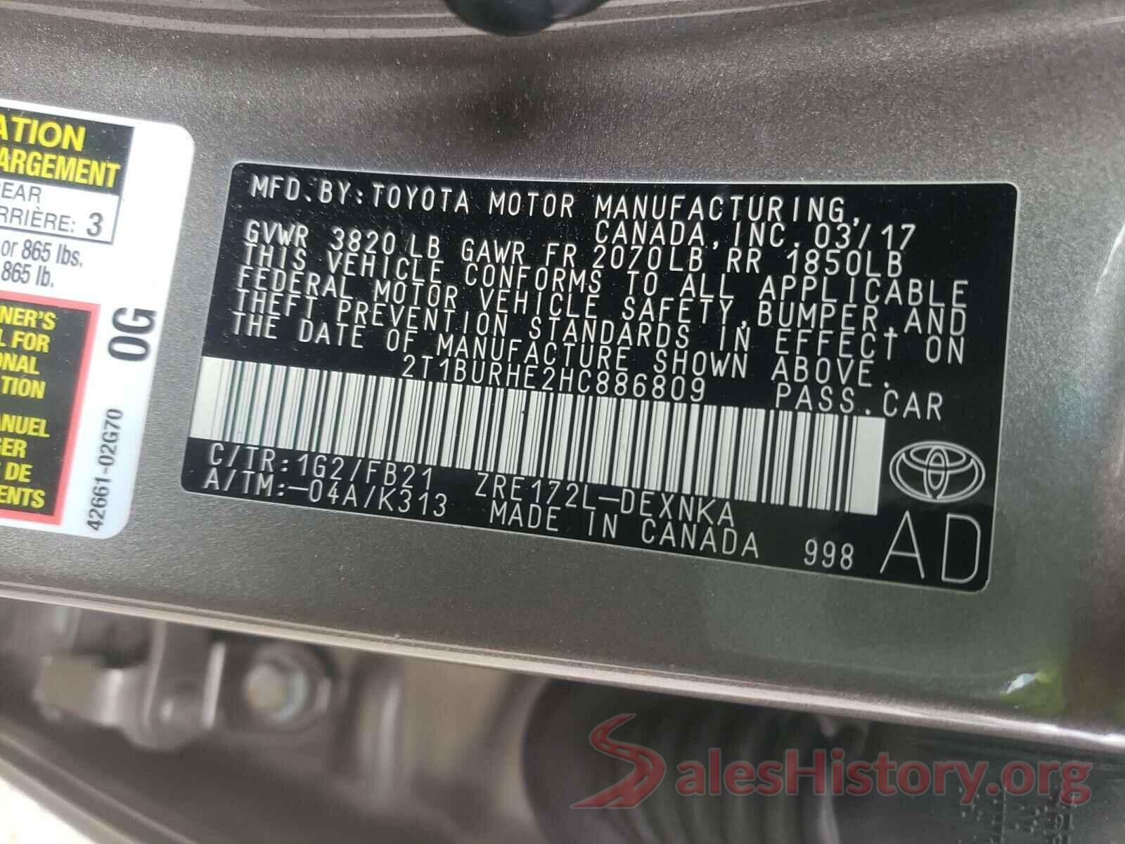 2T1BURHE2HC886809 2017 TOYOTA COROLLA