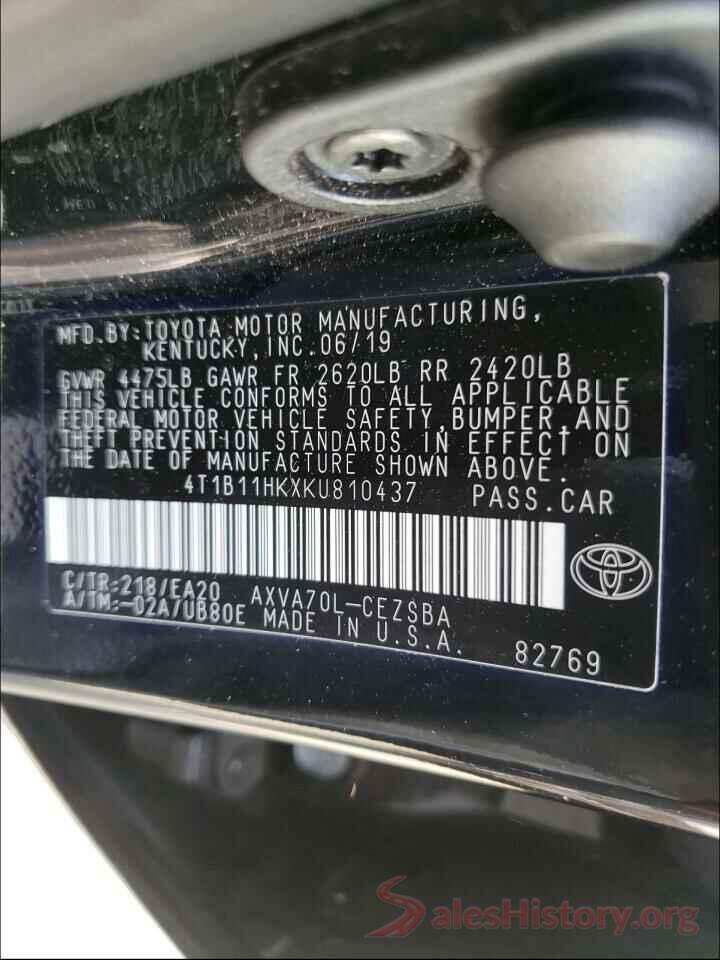 4T1B11HKXKU810437 2019 TOYOTA CAMRY