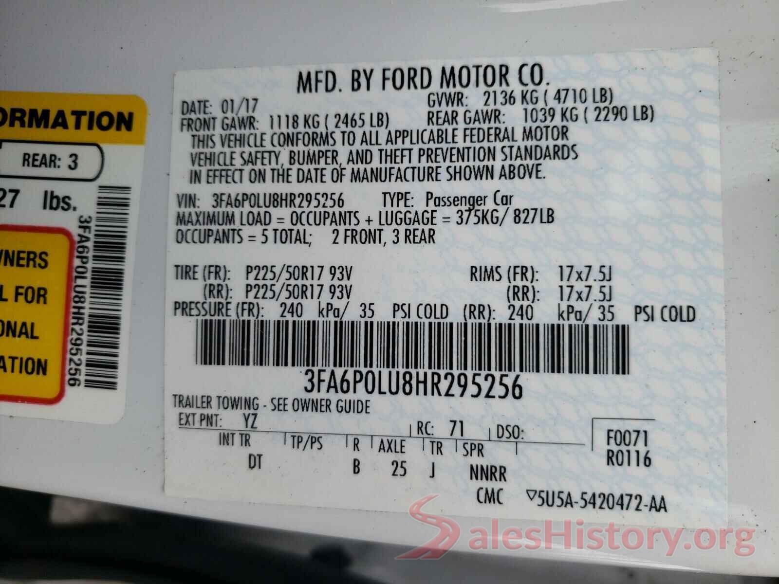 3FA6P0LU8HR295256 2017 FORD FUSION