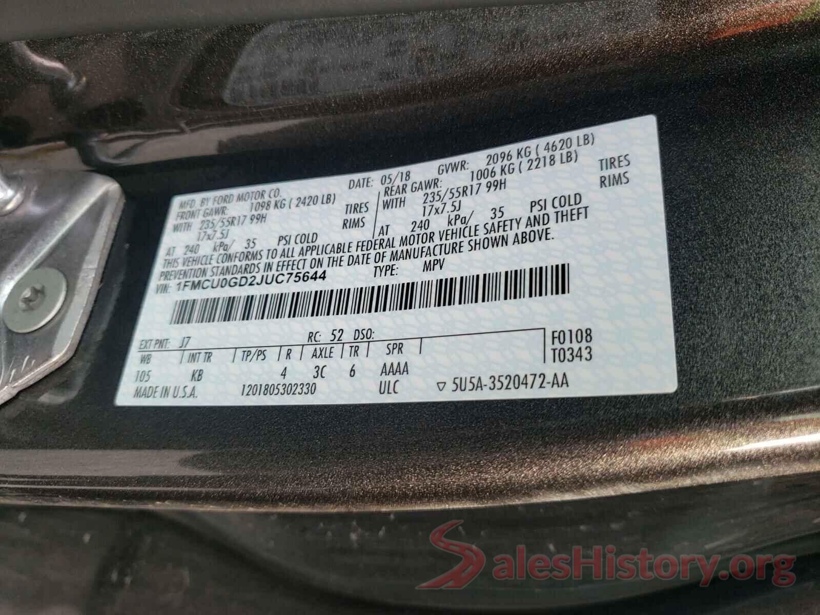 1FMCU0GD2JUC75644 2018 FORD ESCAPE