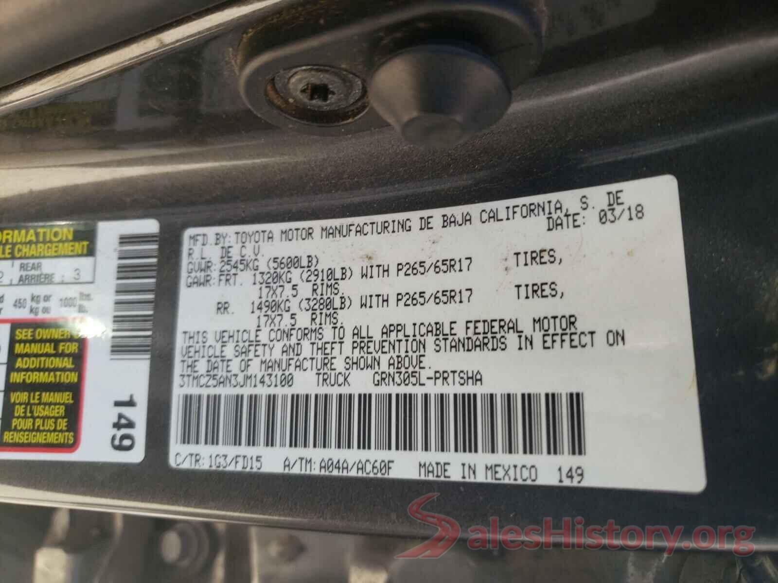 3TMCZ5AN3JM143100 2018 TOYOTA TACOMA