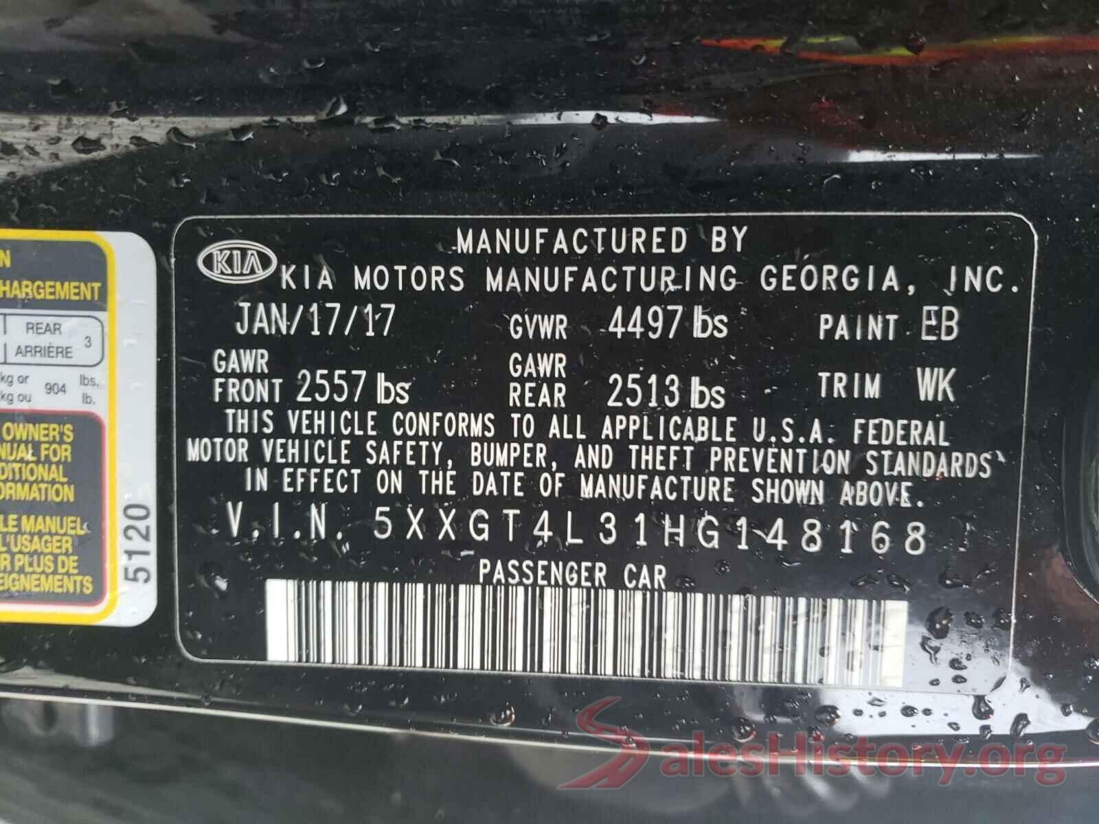 5XXGT4L31HG148168 2017 KIA OPTIMA