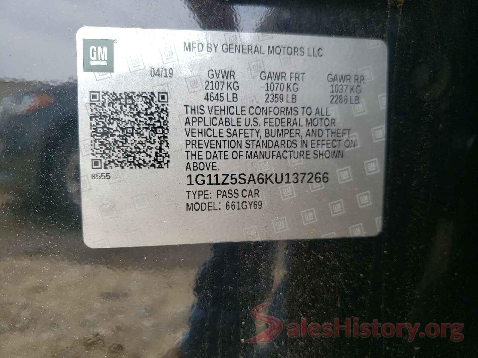 1G11Z5SA6KU137266 2019 CHEVROLET IMPALA