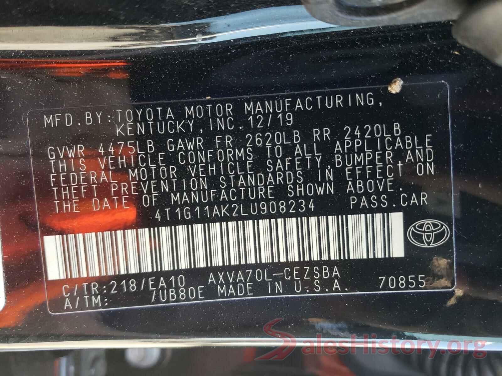 4T1G11AK2LU908234 2020 TOYOTA CAMRY