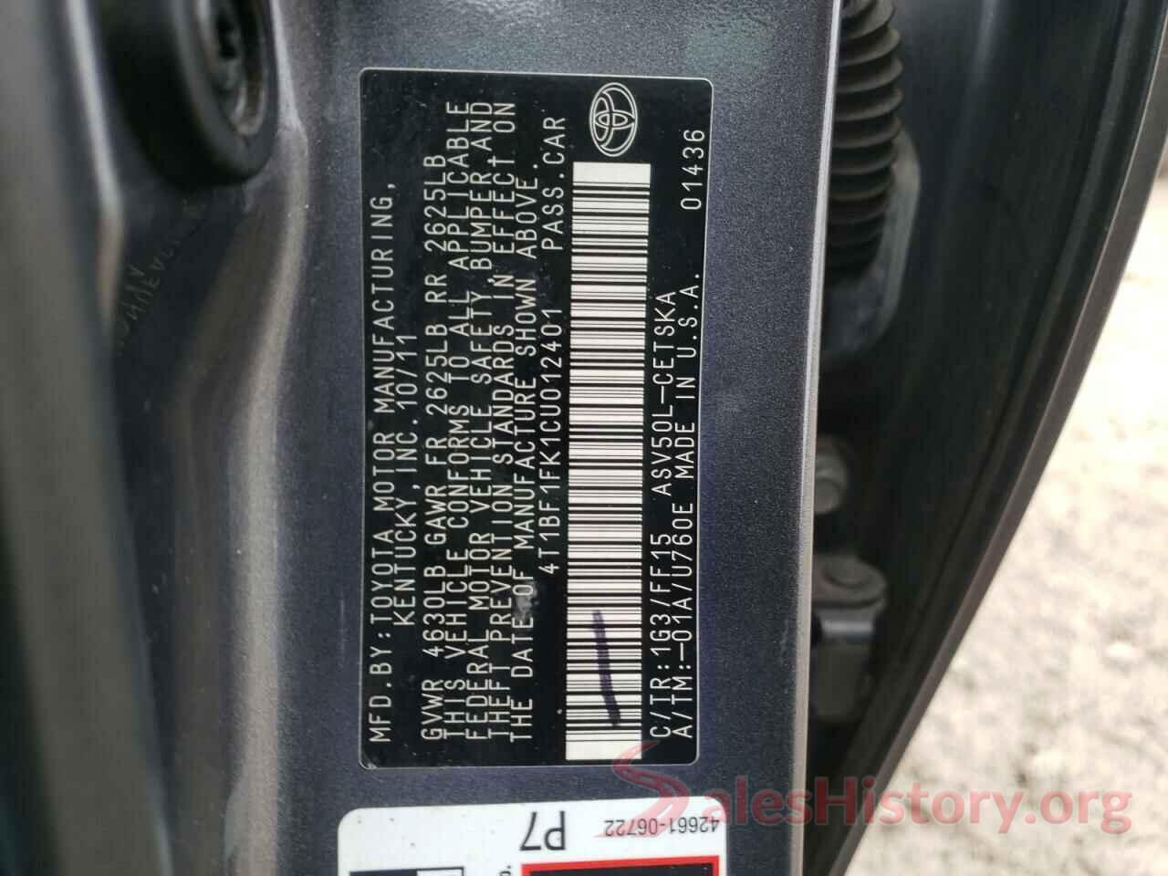 4T1BF1FK1CU012401 2012 TOYOTA CAMRY