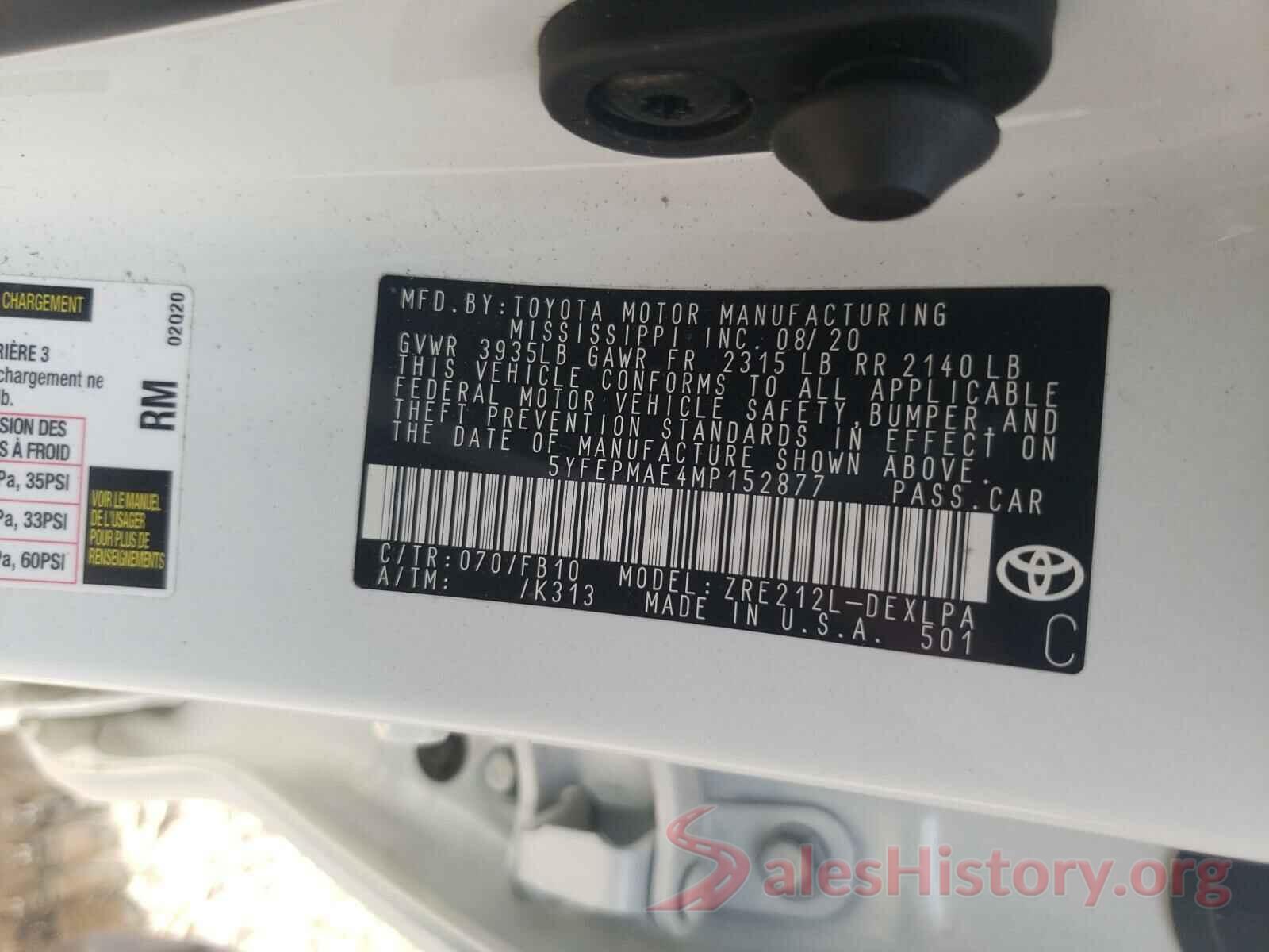 5YFEPMAE4MP152877 2021 TOYOTA COROLLA