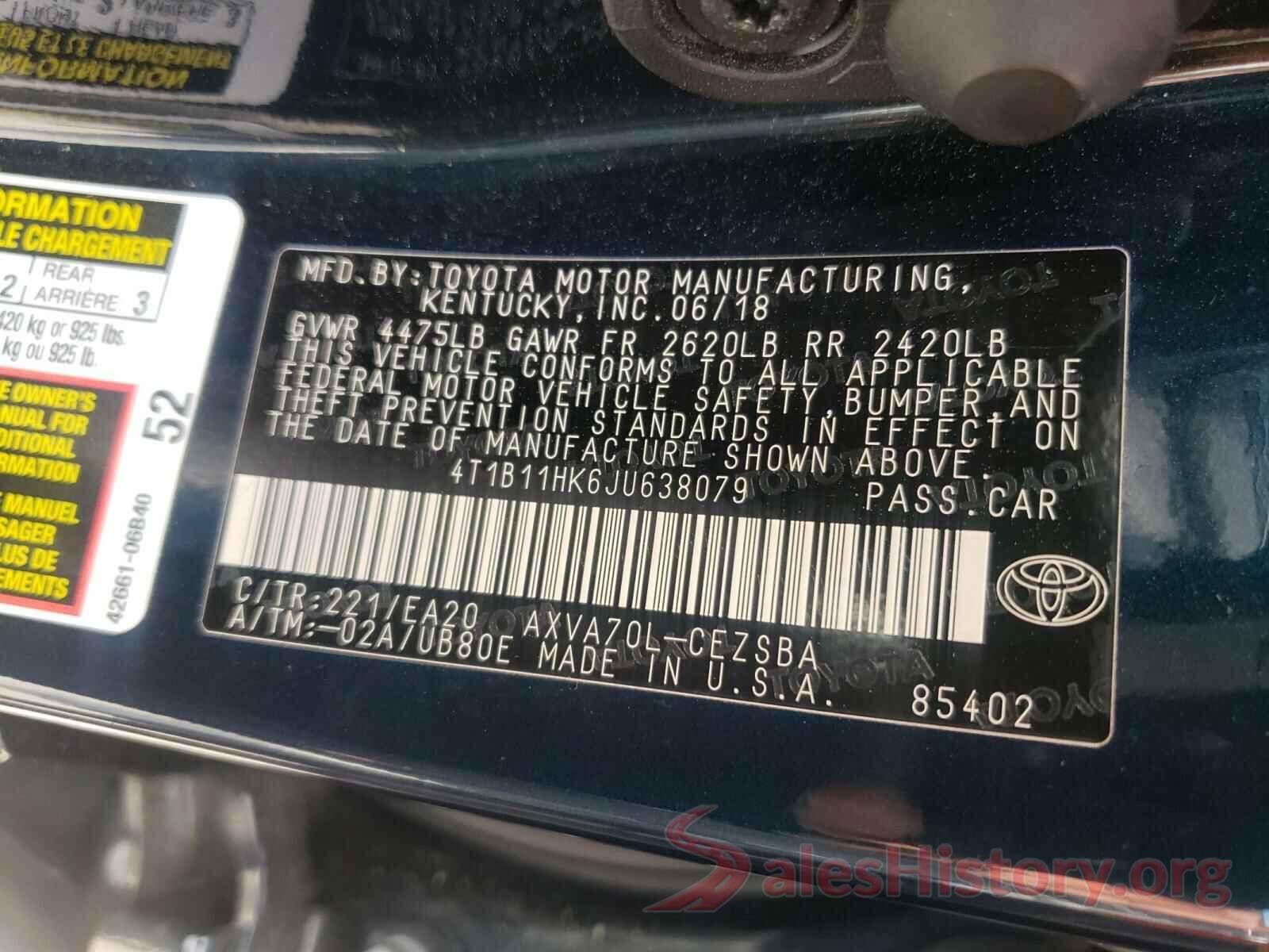 4T1B11HK6JU638079 2018 TOYOTA CAMRY